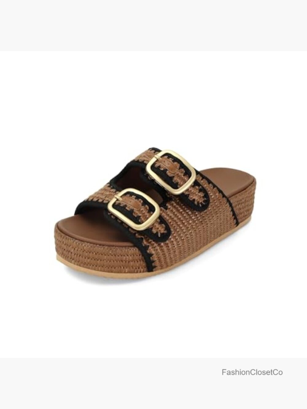 Women's Raffia Platform Slide Sandals Double Buckle Espadrille Summer Woven - Picture 4 of 7